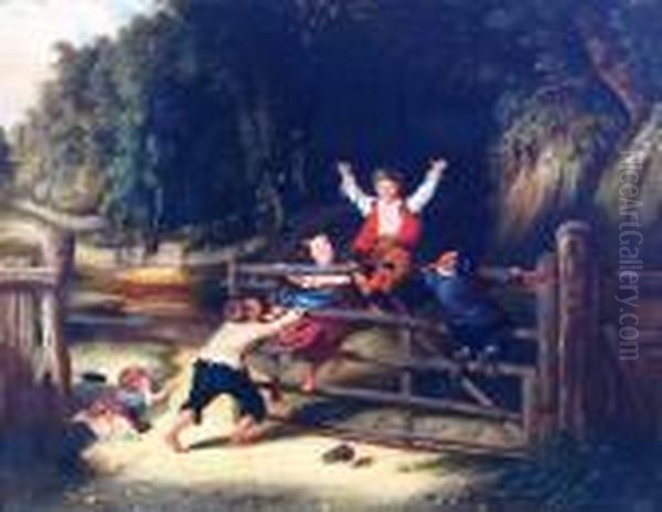 Children Playing On A Gate Oil Painting by William Collins