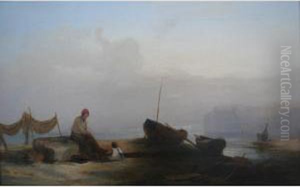 A Fisherman And His Daughter On The Shore At Dusk Oil Painting by William Collins