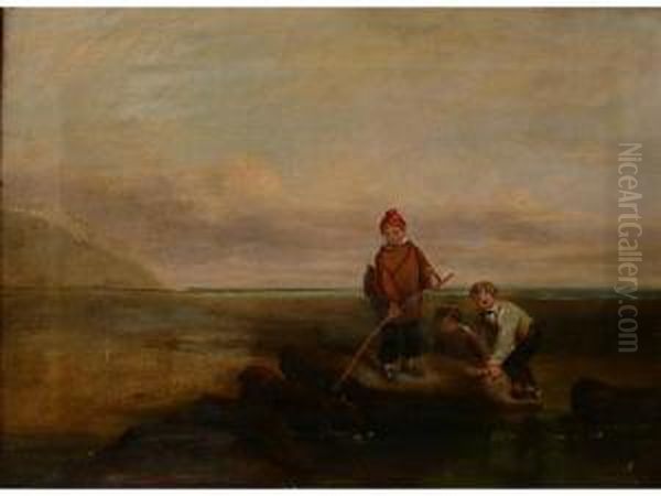 Boys Fishing In A Rock Pool Oil Painting by William Collins