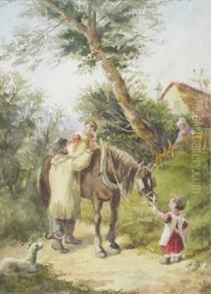 Horse With Man And Children Oil Painting by William Collins