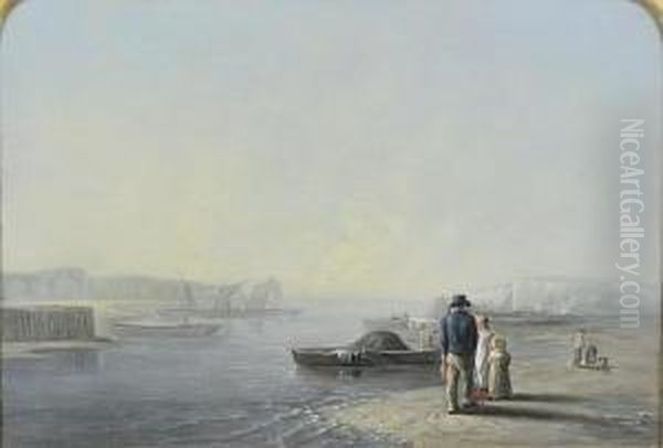 Figures On The Shore, Wth Laden 
Rowing Boats And Distant Sailing Vessels, Signed, Oil On Canvas Oil Painting by William Collins