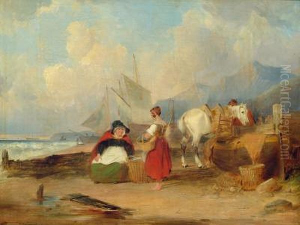 Beach Scene With Horses And Fisher Women Oil Painting by William Collins