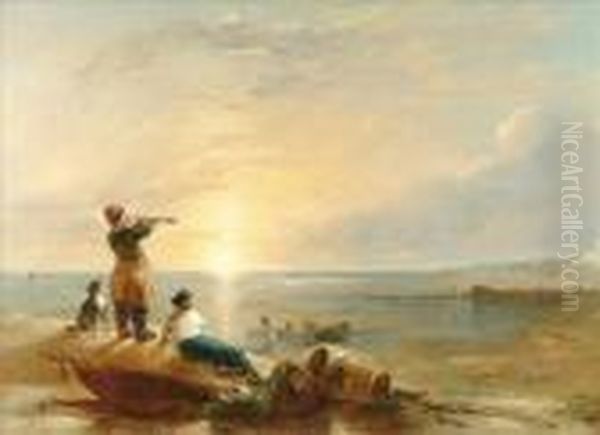 Seascape With A Figure Lookingout To Sea Through A Telescope Oil Painting by William Collins