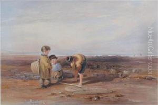 Children Shrimping On The Beach Oil Painting by William Collins