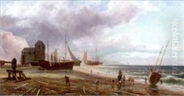 Bringing In The Catch - Fishermen At Shore Oil Painting by William Collins