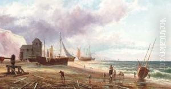 Fishing Boats Beached At Sunset Oil Painting by William Collins