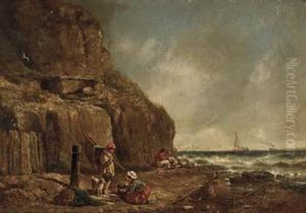 Fisherfolk On A Beach Oil Painting by William Collins