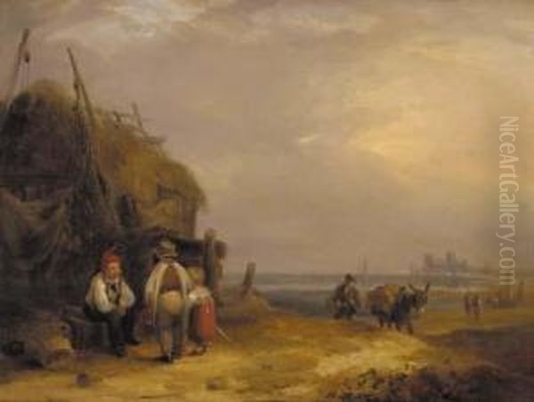 Figures Conversing By A Fisherman's Hut Oil Painting by William Collins