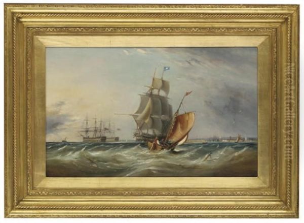 A Frigate Heading Out Of 
Portsmouth Harbour With Two Largefirst-rates Anchored In The Solent Oil Painting by Ebenezer Colls