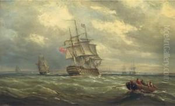 A Three-decker Reducing Sail In 
Spithead In Preparation For Herarrival Into Portsmouth Harbour Oil Painting by Ebenezer Colls