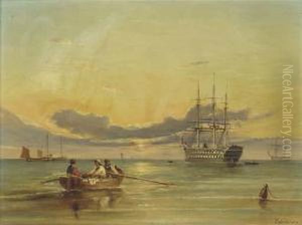 A Screw Two-decker Lying At Anchor At Dusk Oil Painting by Ebenezer Colls