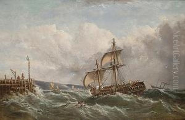 Shipping In Choppy Seas Off The Coast Oil Painting by Ebenezer Colls