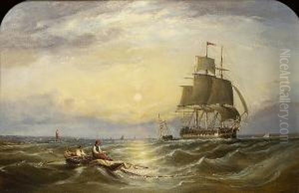 Hauling In The Nets Off An East Coast Light Beacon Oil Painting by Ebenezer Colls