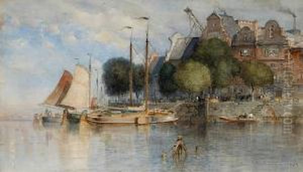 Boats Along The Quay Oil Painting by Samuel Colman