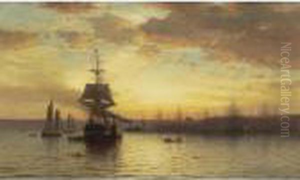 Shipping On The Hudson Oil Painting by Samuel Colman