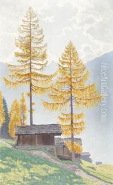 Herbstliche Gebirgspartie Mit Holzhutten Und Larchenwald Oil Painting by Plinio Colombi