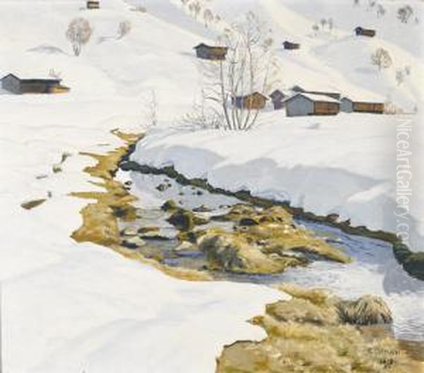 Sonnige Landschaftspartie Mit Bach Im Winter. by Plinio Colombi