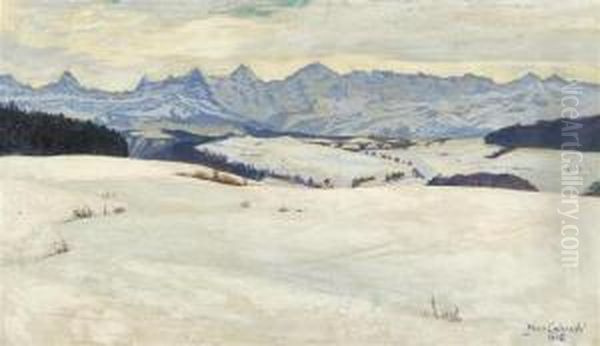 View Over The Bernese Alps With The Jungfrau, Monch And Eiger. 1902. Oil Painting by Plinio Colombi