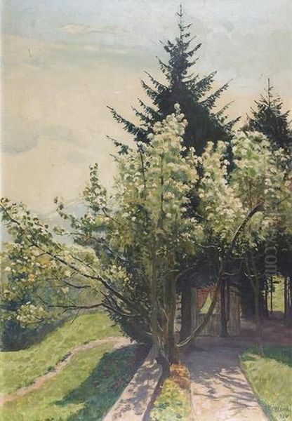 Gartenpartie Mit Bluhendem Baum. by Plinio Colombi