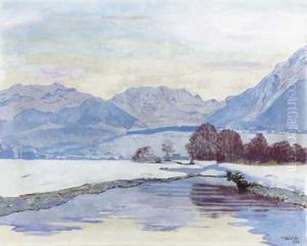 Verschneite Flusslandschaft Mit Niesen Und Blumlisalp. by Plinio Colombi