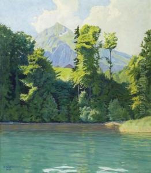 Seeufer Bei Spiez Mit Wiese Im Hintergrund Oil Painting by Plinio Colombi