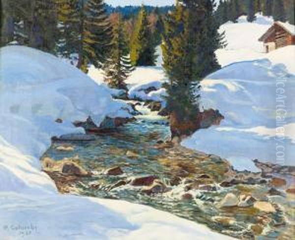 Winterlicher Bachlauf Im Sonnenschein. Oil Painting by Plinio Colombi