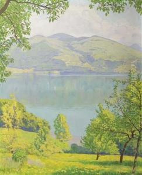 Landschaft Mit See Und Bergen. 1934. Oil Painting by Plinio Colombi