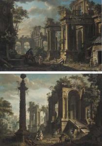 An Architectural Capriccio With 
Figures By A Fountain; And An Architectural Capriccio With Figures By A 
Column Oil Painting by Giovanni Battista Colombo