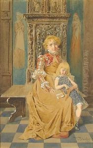 A Portrait Of A Mother And Child Oil Painting by Virgilio Colombo