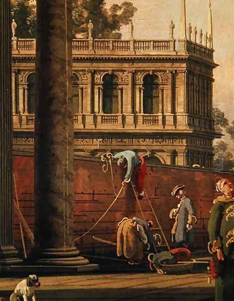 Capriccio of a man scaling a wall Oil Painting by (Giovanni Antonio Canal) Canaletto