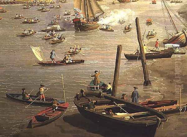 The River Thames with St. Paul's Cathedral on Lord Mayor's Day, detail of boats by the shore, c.1747-48 Oil Painting by (Giovanni Antonio Canal) Canaletto