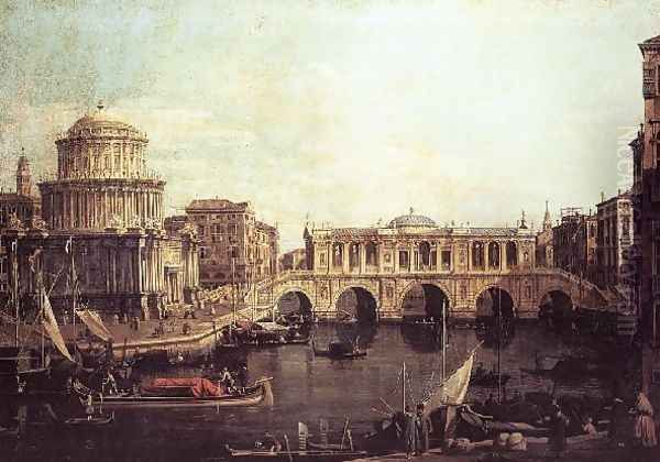 Capriccio The Grand Canal, with an Imaginary Rialto Bridge and Other Buildings 1740s Oil Painting by (Giovanni Antonio Canal) Canaletto