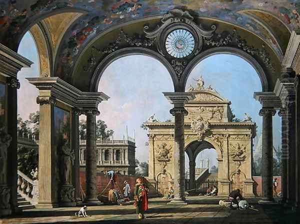 Capriccio of a triumphal arch seen through an ornate archway, c.1750 Oil Painting by (Giovanni Antonio Canal) Canaletto