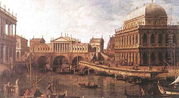 Capriccio- a Palladian Design for the Rialto Bridge, with Buildings at Vicenza 1740s Oil Painting by (Giovanni Antonio Canal) Canaletto