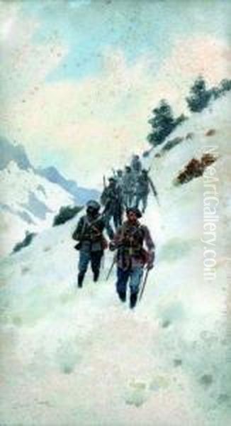 Chasseurs Alpins Dans La Neige Oil Painting by Pierre Comba