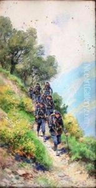 Chasseurs Alpins Descendant Le Sentier Oil Painting by Pierre Comba