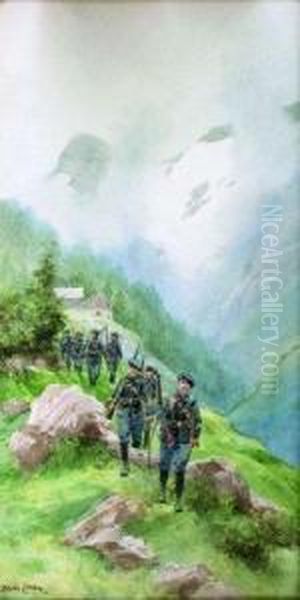 Chasseurs Alpins En Montagne Oil Painting by Pierre Comba