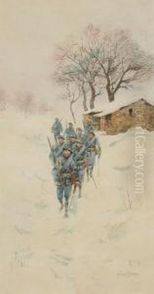 Soldiers Marching Through A 
Winter Landscape, And Another: Soldiers At The Foot Of A Mountain Oil Painting by Pierre Comba