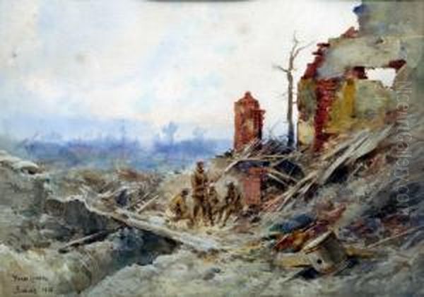 Somme 1916, Four British Soldiers Take Rest Within Brick Ruins Oil Painting by Pierre Comba