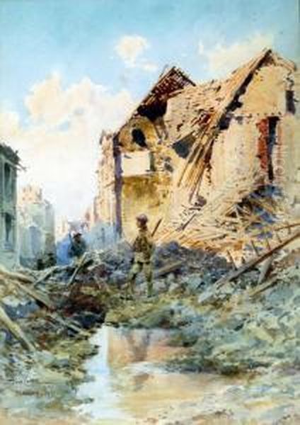 Bapaume 1917, British Troops Patrol The Ruins Oil Painting by Pierre Comba