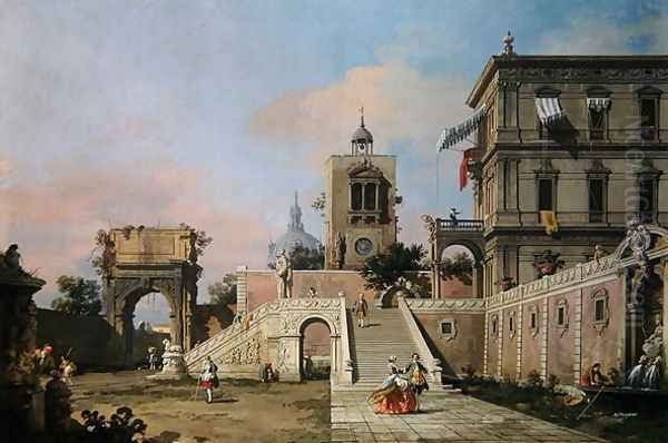 Capriccio of twin flights of steps leading to a palazzo, c.1750 Oil Painting by (Giovanni Antonio Canal) Canaletto