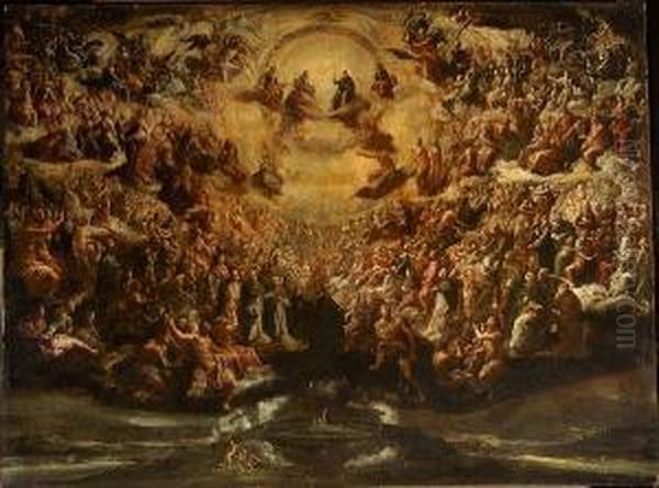 The Holy Trinity With Saints In Heaven, The Garden Of Eden Below Oil Painting by Scipione Compagno