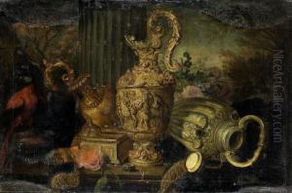 Nature Morte Aux Pieces D'orfevrerie Oil Painting by Meiffren (Ephren) Conte (Leconte)