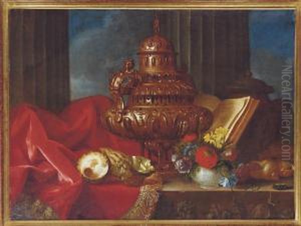 Still Life With A Silver Vessel, Flowers And Shells On A Table Oil Painting by Meiffren (Ephren) Conte (Leconte)