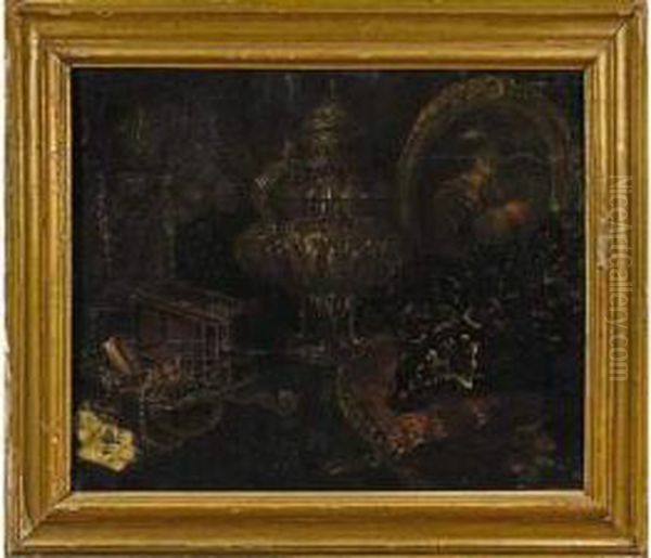 Brule-parfum, Coffret A Bijoux, Cartes A Jouer Et Portrait Au Buveur. Oil Painting by Meiffren (Ephren) Conte (Leconte)