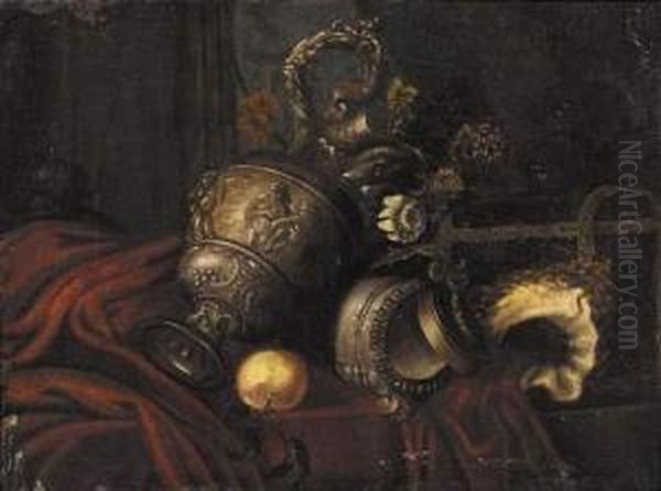 Nature Morte Aux Coquillages Et Aux Pieces D'orfevrerie Oil Painting by Meiffren (Ephren) Conte (Leconte)