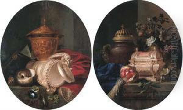 A Sculpted Gold Cup, A 
Silver-gilt Cup And Cover, A Shell Andbluebells On A Partially Draped 
Stone Ledge Oil Painting by Meiffren (Ephren) Conte (Leconte)