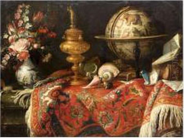 Vase De Fleurs, Mappemonde Et Orfevrerie Sur Un Tapis Oil Painting by Meiffren (Ephren) Conte (Leconte)