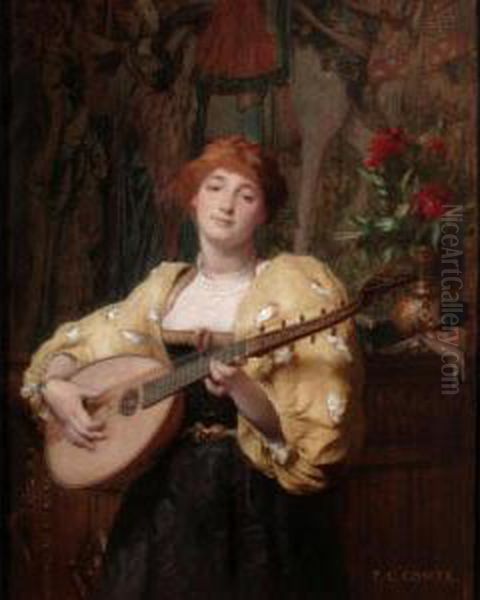 The Pretty Mandolin Player Oil Painting by Pierre Charles Comte