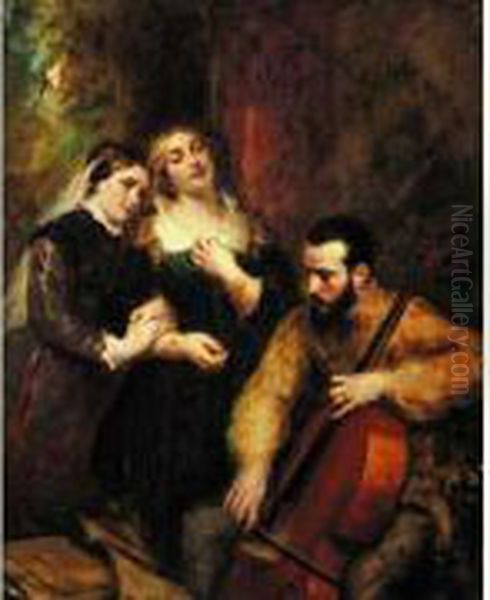 Un Violoncelliste, Sa Femme Et Sa Fille Oil Painting by Pierre Charles Comte